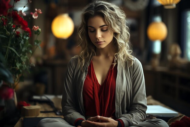 Une femme en robe rouge prie avec une fleur à la main.