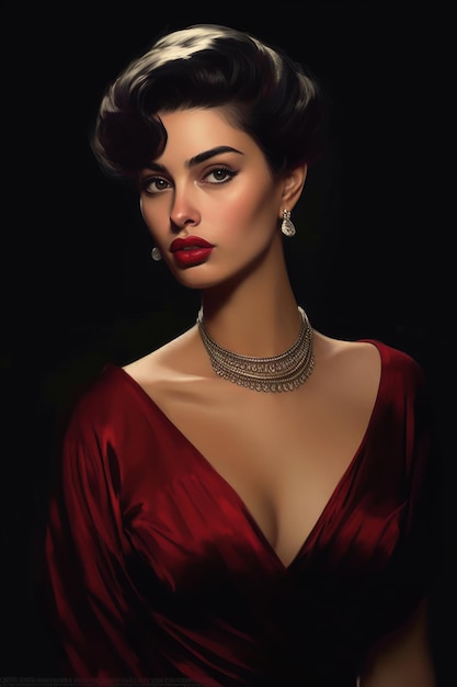 Une femme en robe rouge avec une robe rouge et des boucles d'oreilles