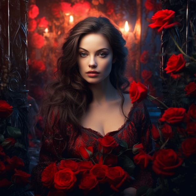 une femme en robe rouge avec des roses en arrière-plan.