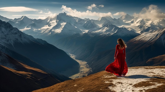 Une femme en robe rouge se tient au sommet d'une montagne et regarde les montagnes.