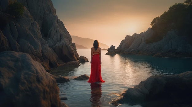 Une femme en robe rouge se tient dans l'eau devant un coucher de soleil.