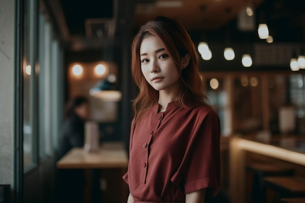 Une femme en robe rouge se tient dans un restaurant.