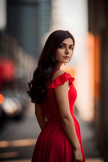 Une femme en robe rouge se tient dans la rue