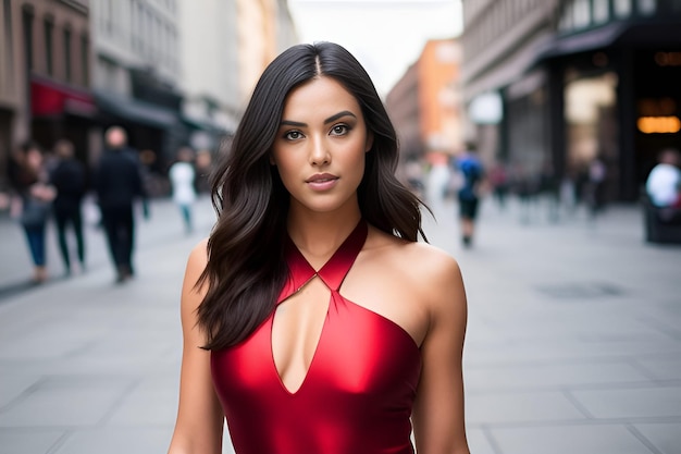 Une femme en robe rouge se tient dans la rue.