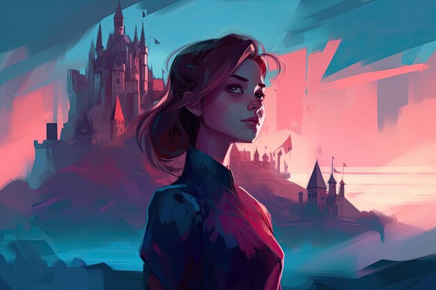Une femme en robe rouge se tient devant un château.