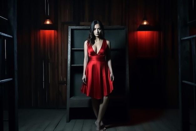 Une femme en robe rouge se tient devant une étagère en bois