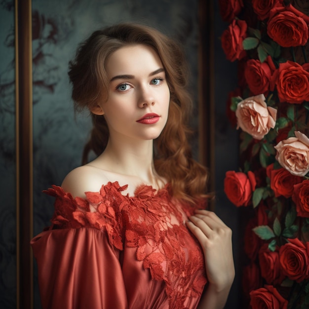 Une femme en robe rouge se tient devant une fenêtre avec des roses.