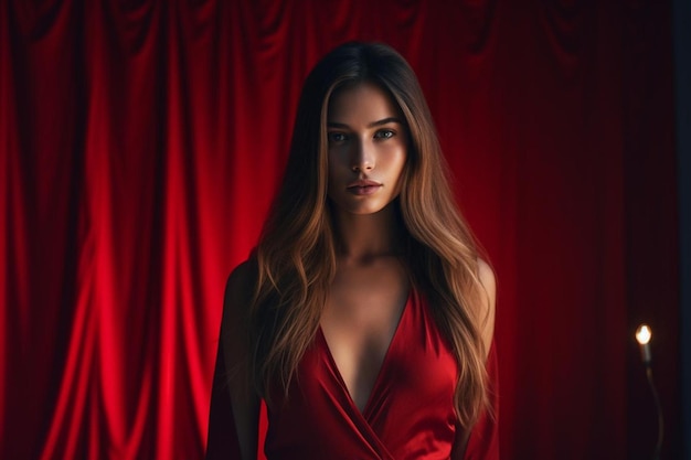 Une femme en robe rouge se tient devant un fond rouge.