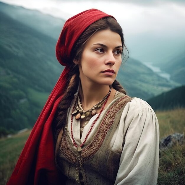 une femme en robe rouge se tient devant une montagne