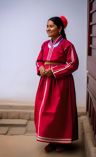 Une femme en robe rouge se tient devant une porte.