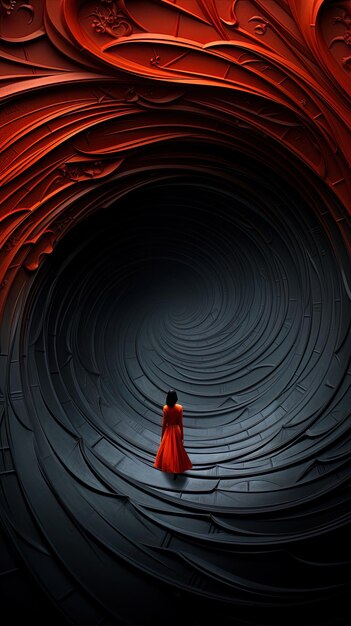 une femme en robe rouge se tient devant un tunnel noir