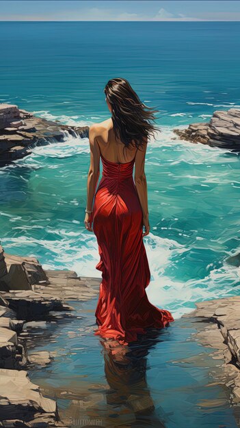 Une femme en robe rouge se tient sur une falaise surplombant l'océan.