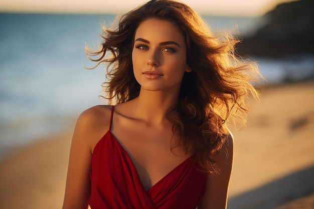 Une femme en robe rouge se tient sur la plage avec le soleil derrière elle