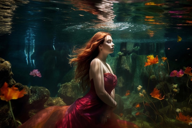 Une femme en robe rouge sous l'eau avec des poissons rouges