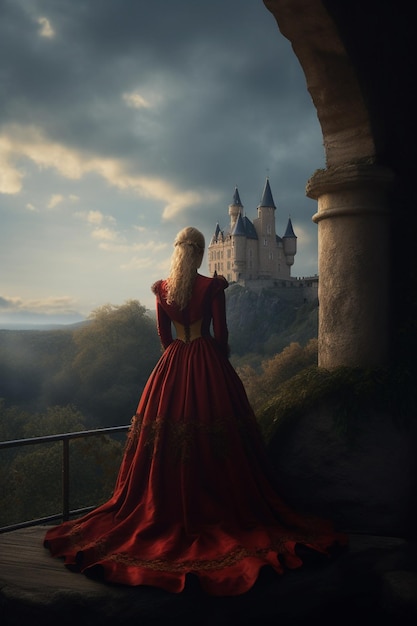 Photo une femme en robe rouge surplombe un château.