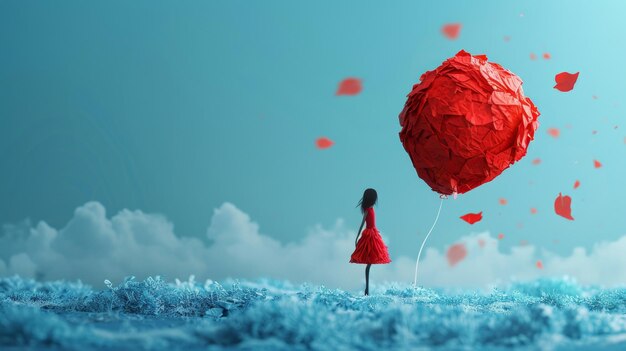 Une femme en robe rouge tenant un ballon rouge