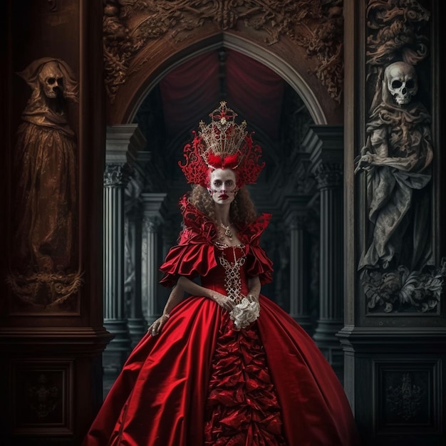 Une femme en robe rouge avec une tête de mort sur le devant.