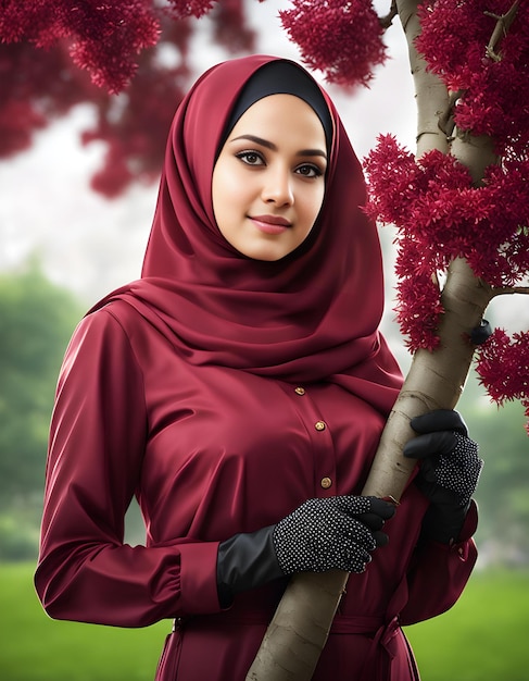 une femme en robe rouge tient un arbre dans un parc