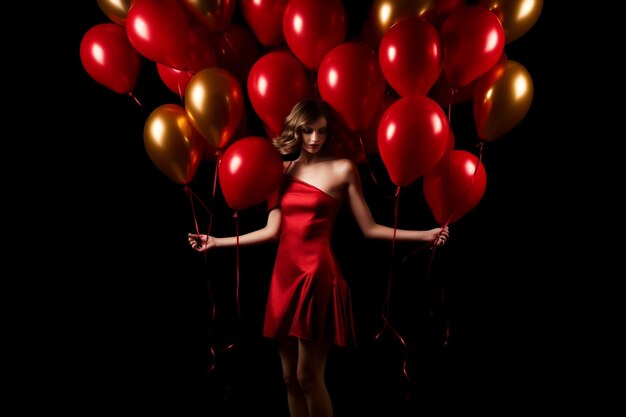 Une femme en robe rouge tient un bouquet de ballons rouges.