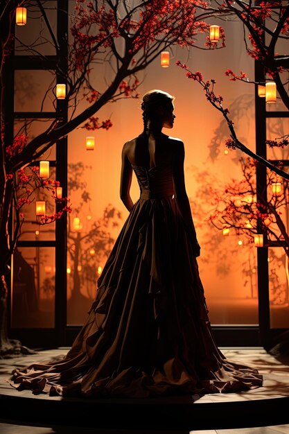 une femme en robe se tient devant une fenêtre avec les mots la nuit