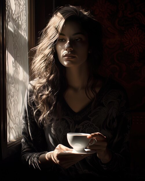 une femme en robe sombre tient une tasse de café.