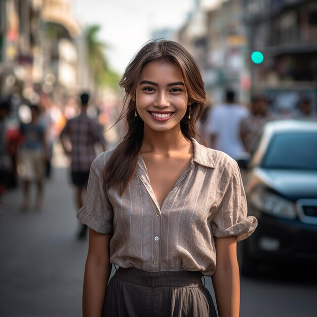 une femme en robe avec un sourire sur son visage.