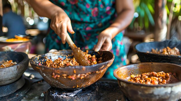 Photo une femme en robe traditionnelle cuisine un repas dans une grande casserole d'argile sur un feu ouvert. elle remue la nourriture avec une cuillère en bois.