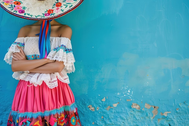 Femme en robe traditionnelle mexicaine et sombrero contre un mur bleu