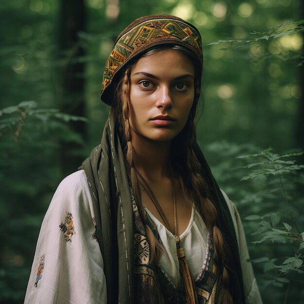 une femme en robe traditionnelle se tient dans une forêt