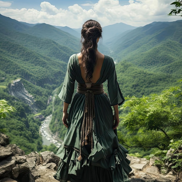 Femme en robe verte surplombant une belle vallée