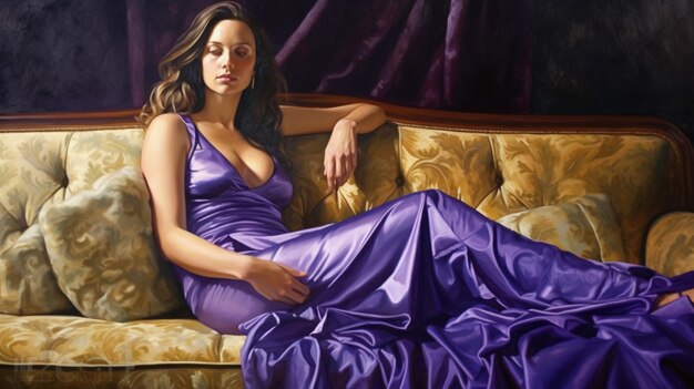 Femme en robe violette assise sur un canapé