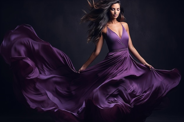 Femme en robe violette avec tissu volant sur fond sombre de studio