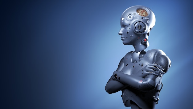 Femme robot, femme scifi monde numérique de l'avenir des réseaux de neurones et du rendu 3d de l'intelligence artificielle