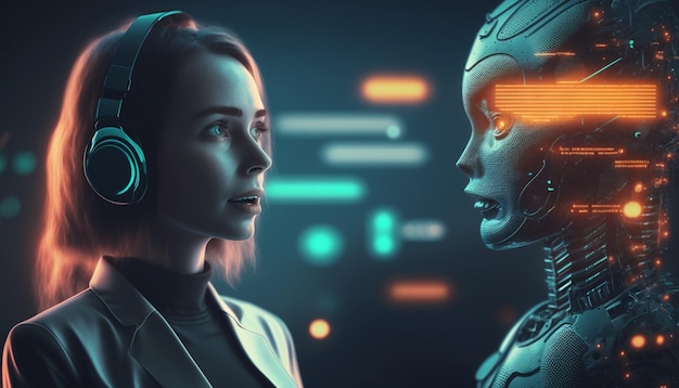 Une femme et un robot se regardent.