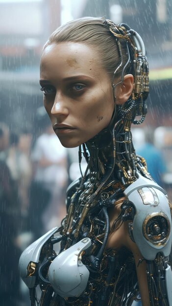 Une femme avec un robot sous la pluie