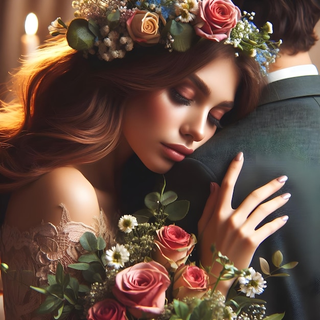 Une femme romantique avec des fleurs embrassant un homme