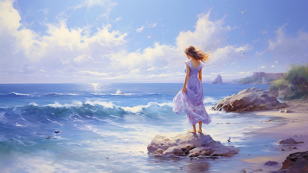 femme romantique avec parapluie sur une plage sauvage en mer ciel bleu et mer verte à l'horizon