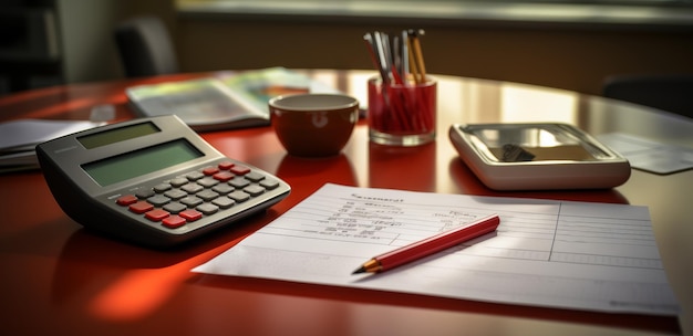 Femme en rouge calculant le solde de l'argent avec une calculatrice et notant des chiffres financiers sur papier.