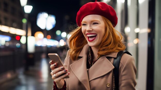 Une femme rouge fabuleuse et heureuse dans un chapeau rouge élégant dans la rue en utilisant un smartphone.