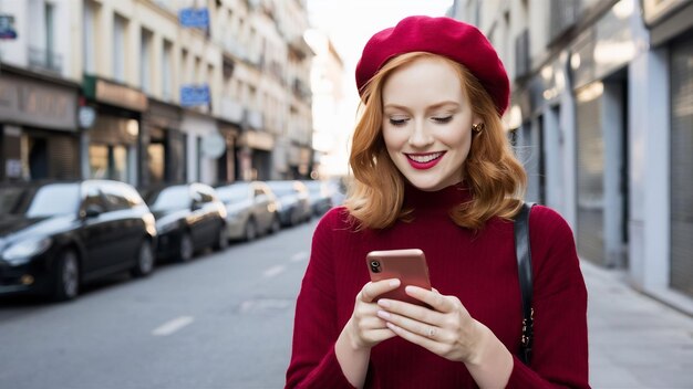 Une femme rouge fabuleuse et heureuse dans un chapeau rouge élégant dans la rue en utilisant un smartphone.