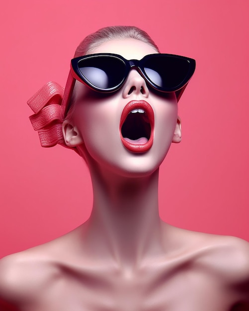une femme avec un rouge à lèvres sur la bouche porte une paire de lunettes de soleil.