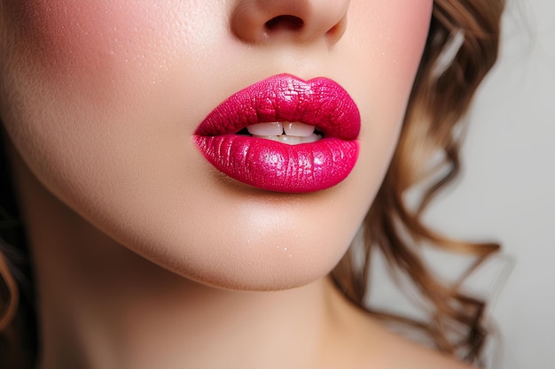 Une femme avec un rouge à lèvres rose vif sur ses lèvres et un anneau de lèvres blanches sur sa lèvre et la joue airbrush