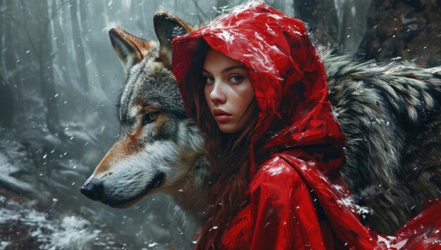 Photo la femme en rouge avec le loup majestueux