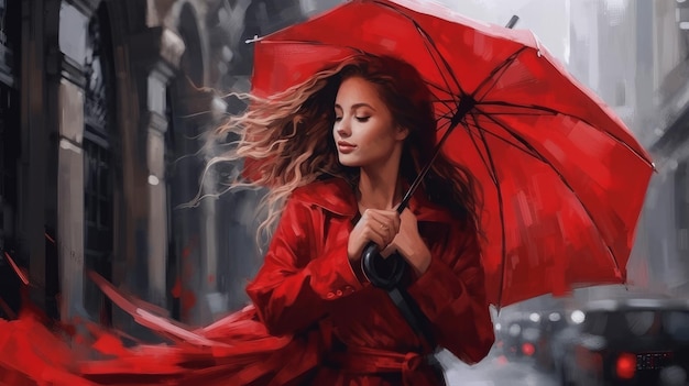 Femme en rouge sous la pluie