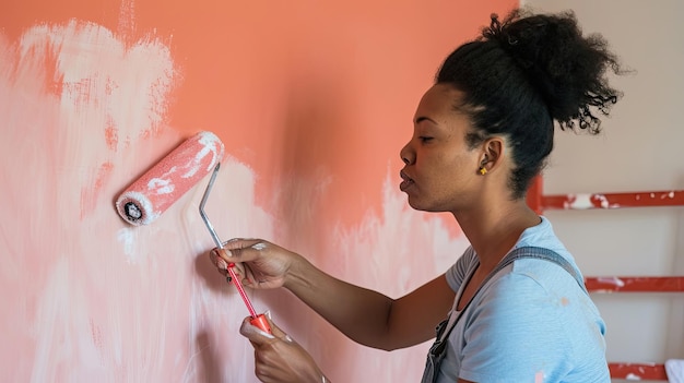 Femme avec un rouleau de peinture Décoration intérieure de rénovation de la maison Projet de bricolage Espoir créatif Autonomisation féminine Expression artistique colorée Générée par l'IA