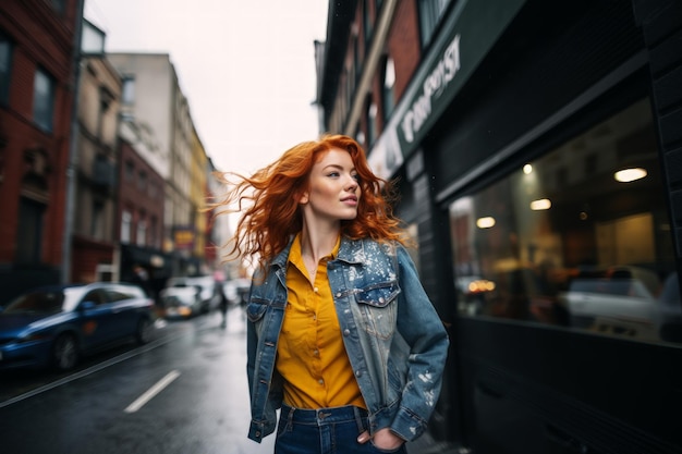 Une femme rousse d'âge moyen marchant dans les rues britanniques.