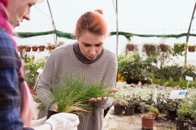 Femme rousse choisissant des plantes d'intérieur dans la serre du centre commercial de jardin