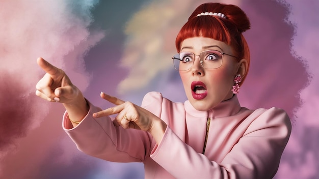 Photo une femme rousse choquée avec des lunettes pointant et détournant le regard sur le rose.