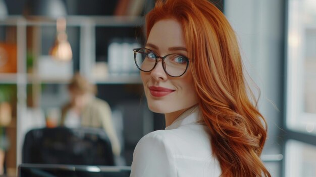 Une femme rousse confiante avec des lunettes un aperçu d'un sourire