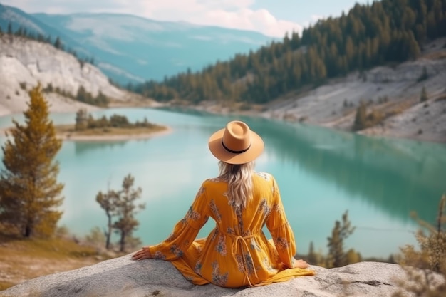 Femme routard avec sac à dos profitant du lac de montagne turquoise AI Generative